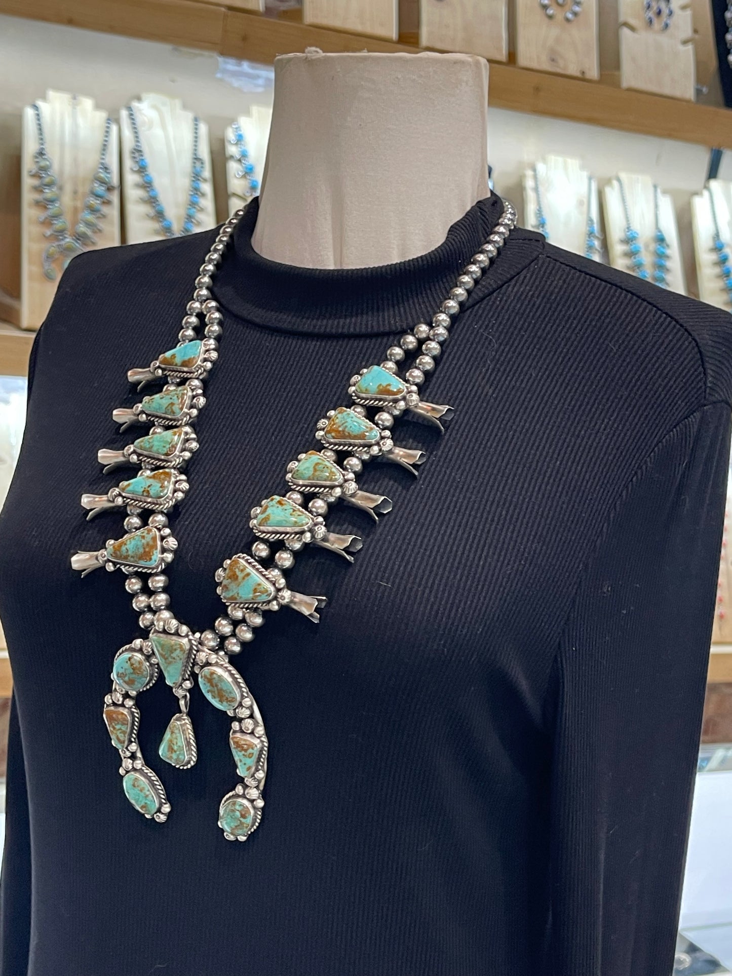 26" Kingman Turquoise Squash Blossom and Earring Set by Augustine Largo, Navajo