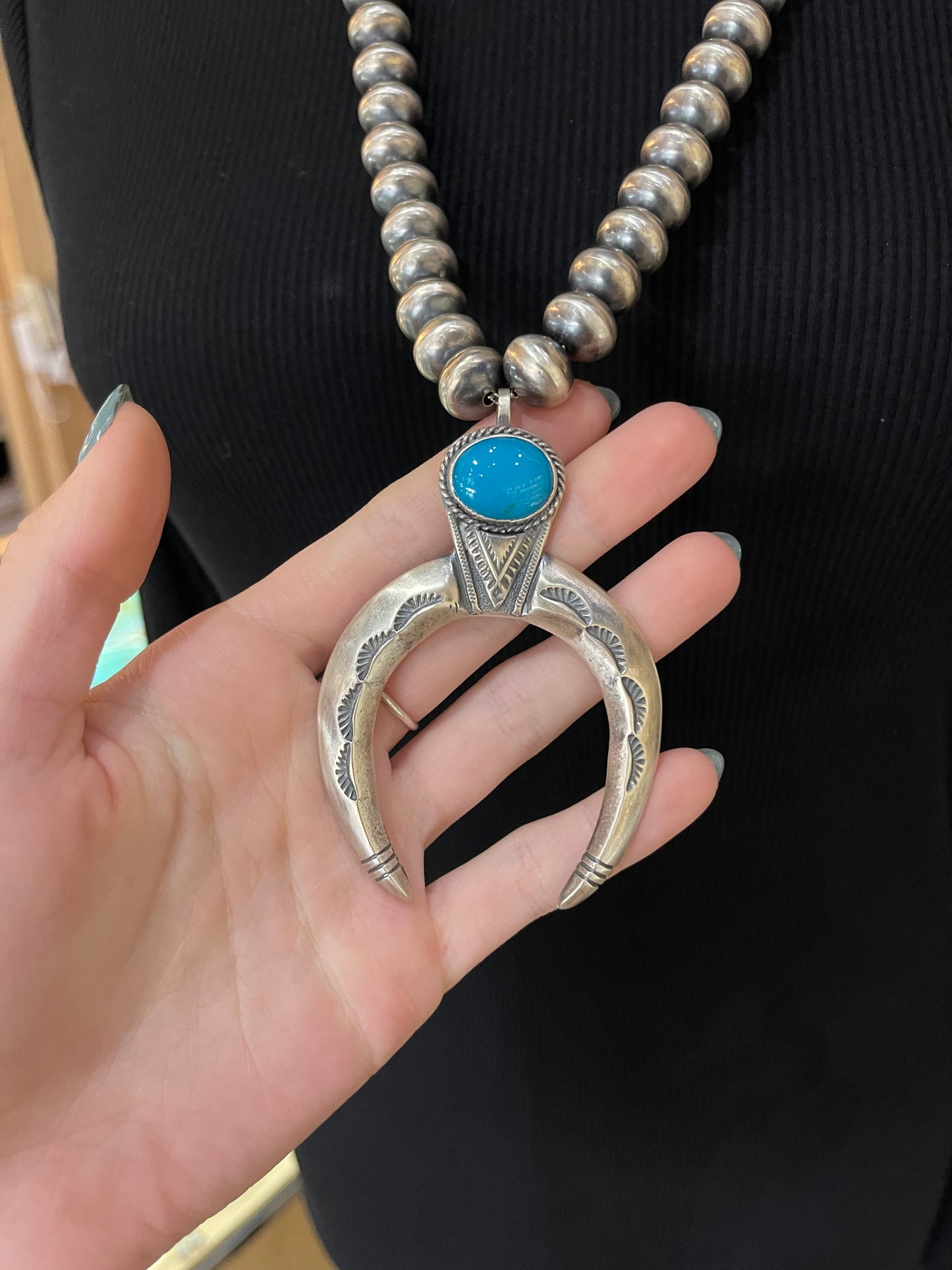 26" Turquoise Naja Pendant Necklace on 12mm Navajo Pearls