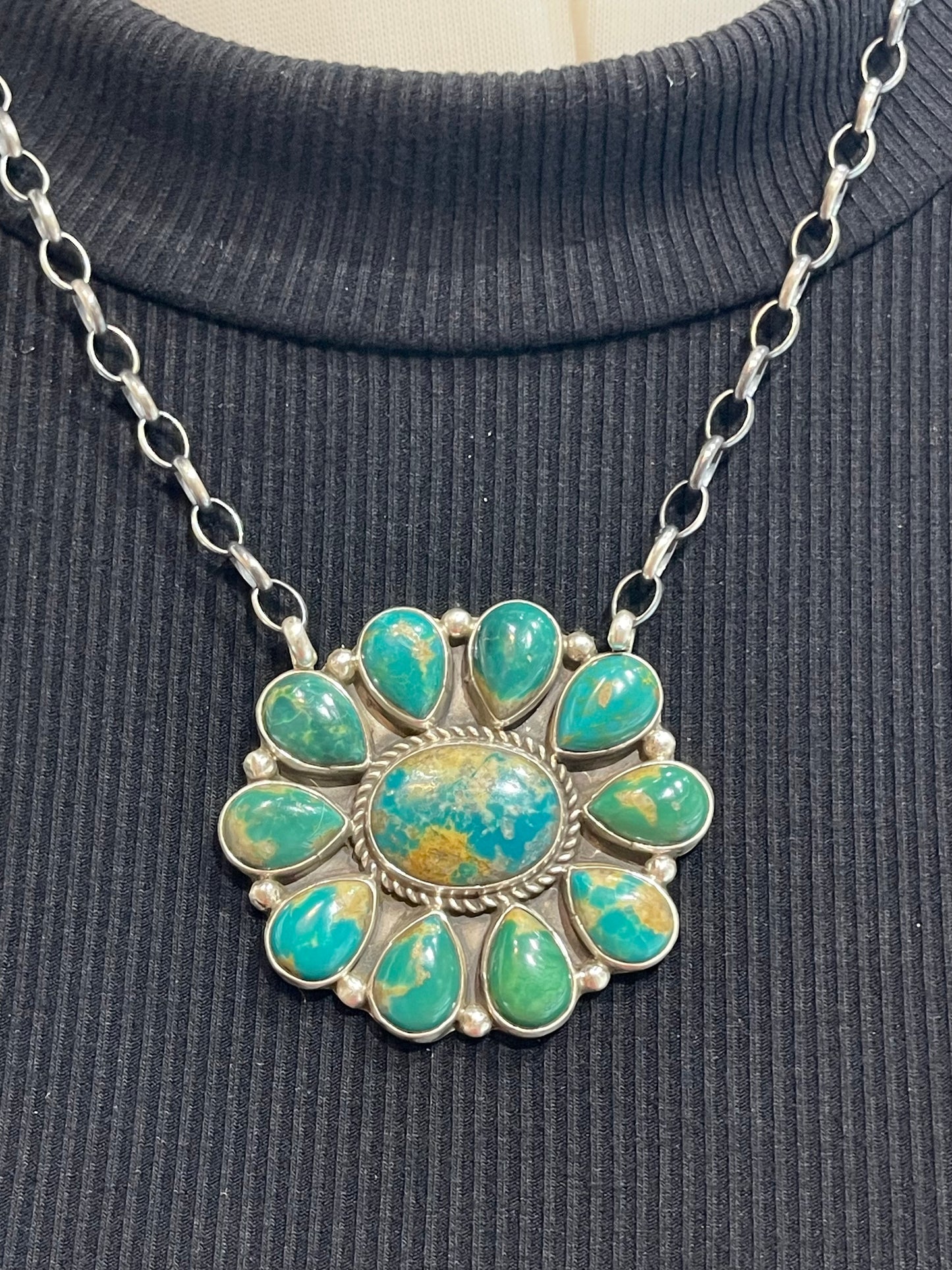 18" Kingman Turquoise Cluster Necklace by Geraldine James, Navajo