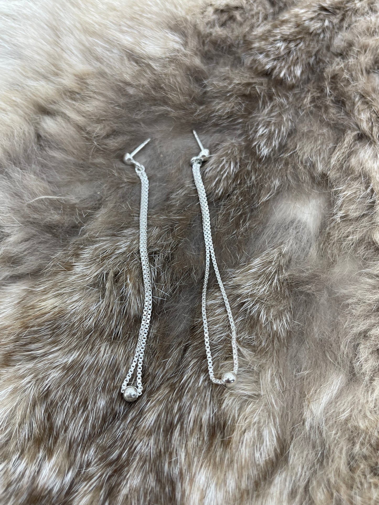 Silver Chain Post Dangle Earrings with 4mm Silver Bead