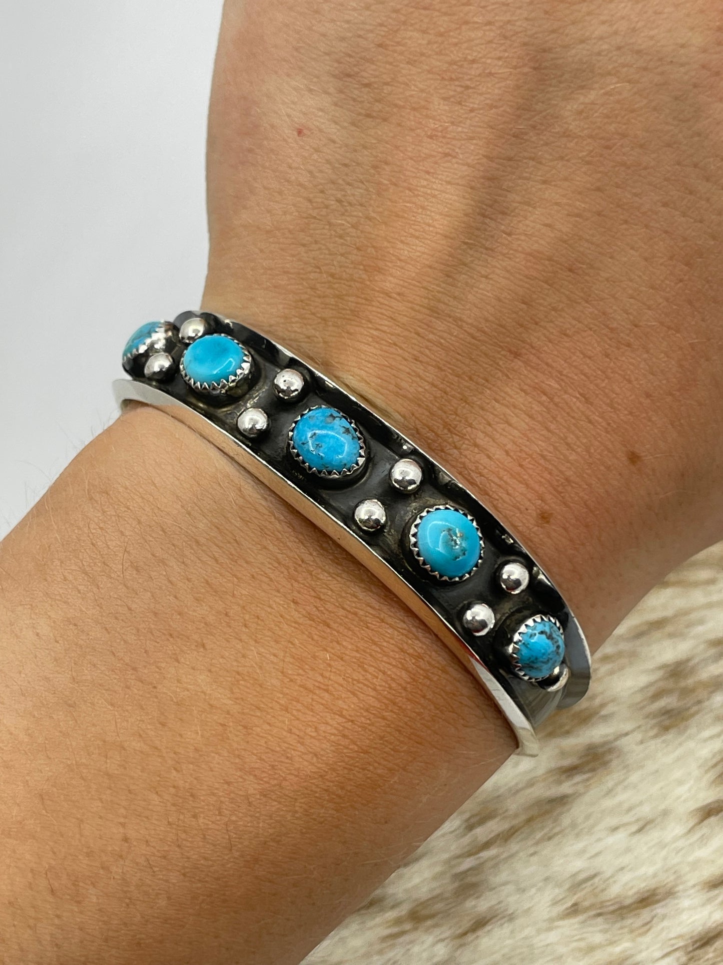 6"-6 3/4" 5 Stone Sleeping Beauty Turquoise Cuff by Paul Largo, Navajo