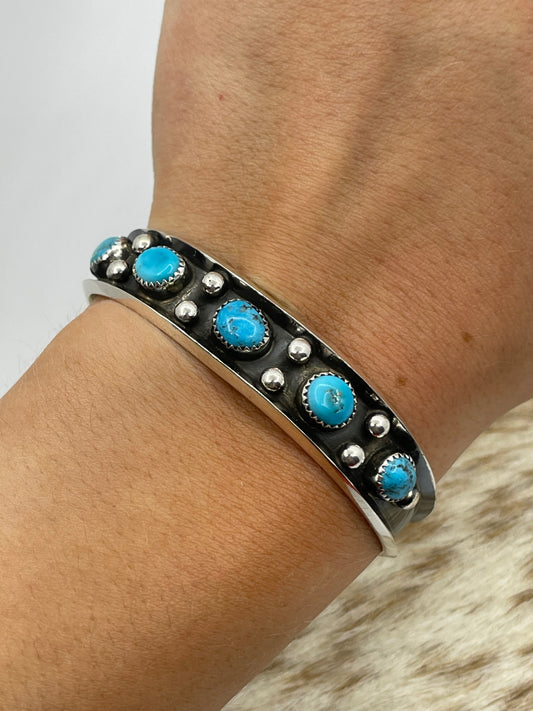 6"-6 3/4" 5 Stone Sleeping Beauty Turquoise Cuff by Paul Largo, Navajo