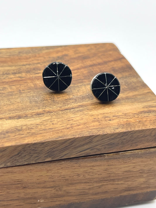 LOT 67 D 7/26 Black Onyx Inlay Earrings Center by Johnson Laweka, Zuni