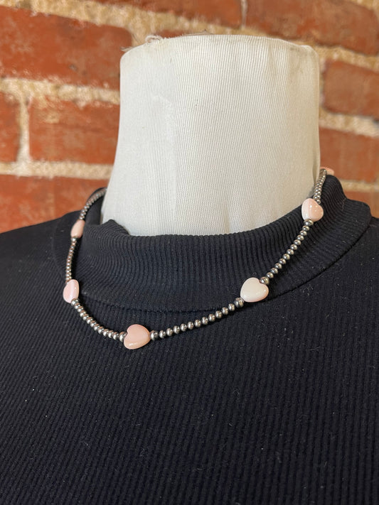 Navajo Pearls and Pink Conch Shell Heart Necklace