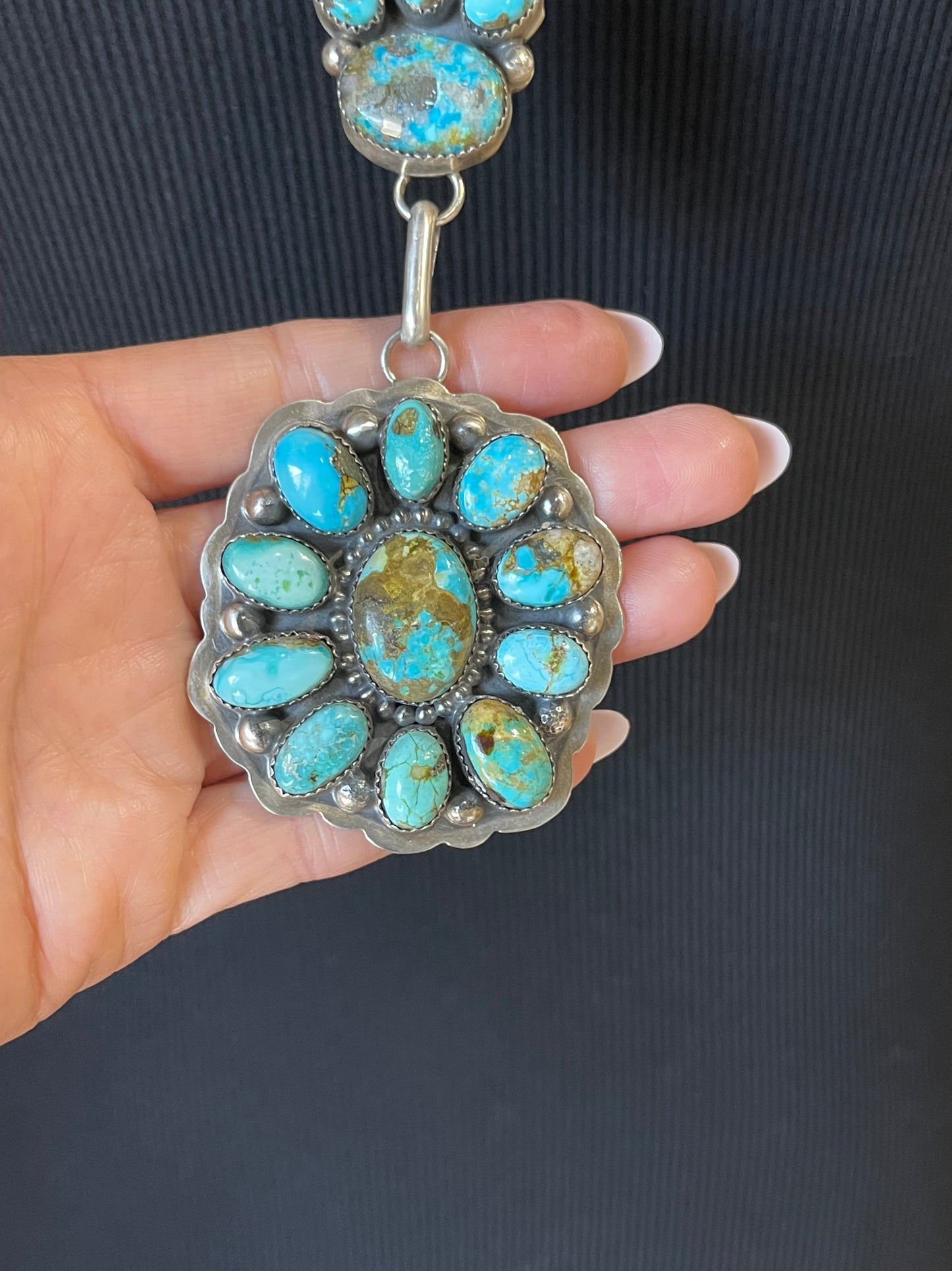 27" Turquoise Cluster Lariat Necklace by Delbert Secatero, Navajo