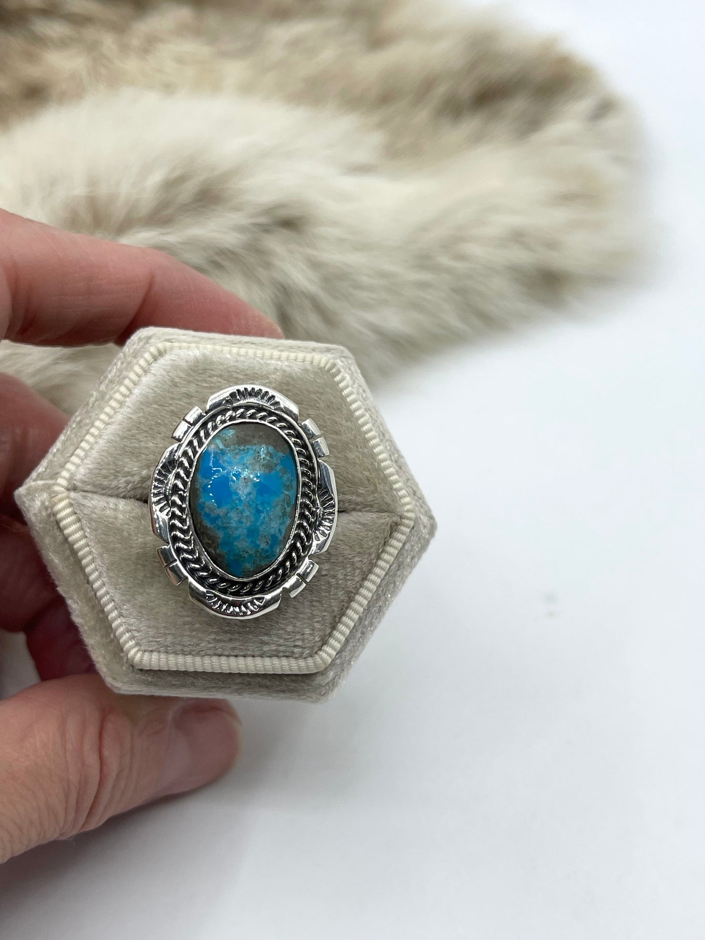 8.0 Oval Kingman Turquoise Ring by Samuel Yellowhair, Navajo