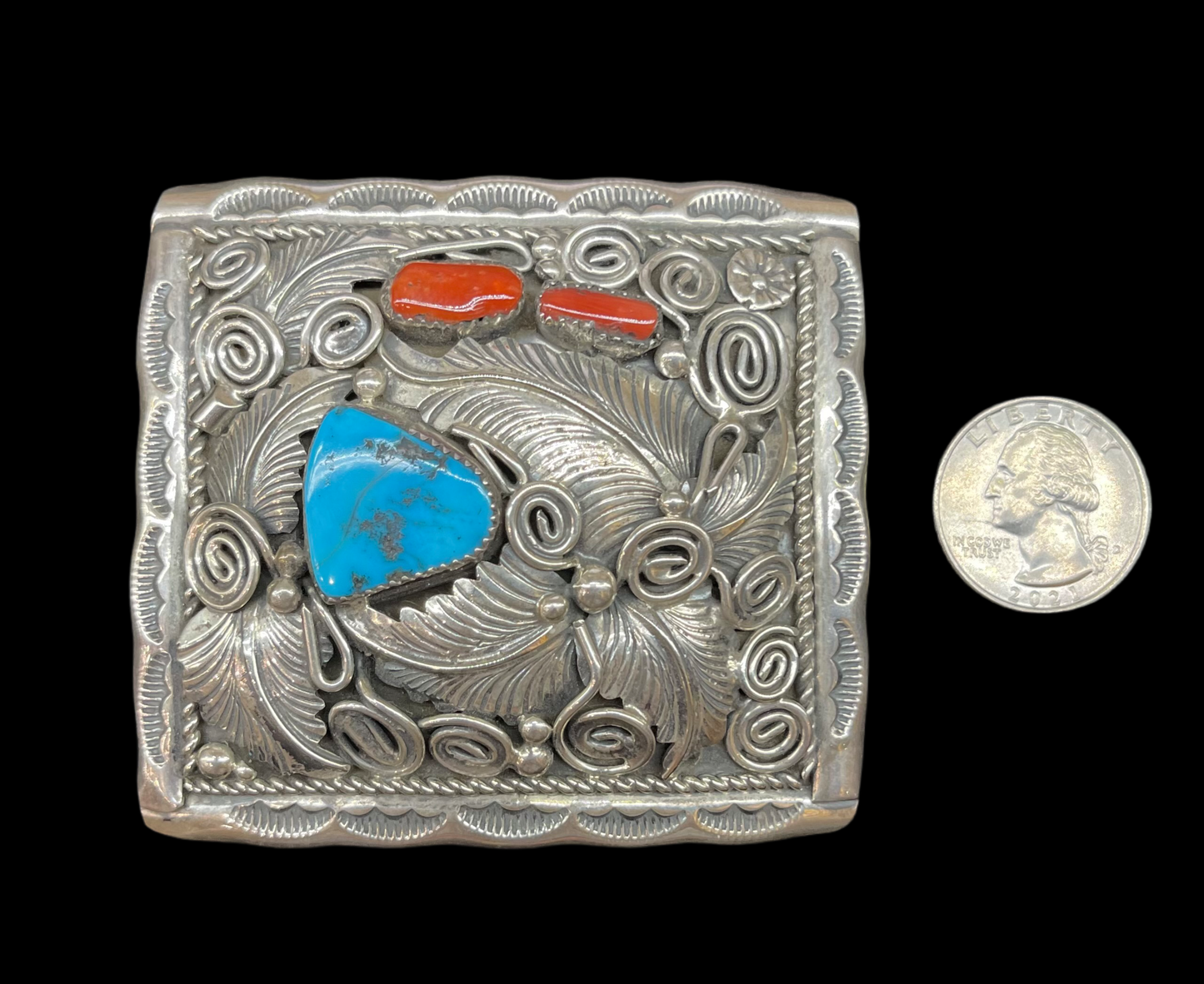 Turquoise and Red Coral Belt Buckle, Navajo Made