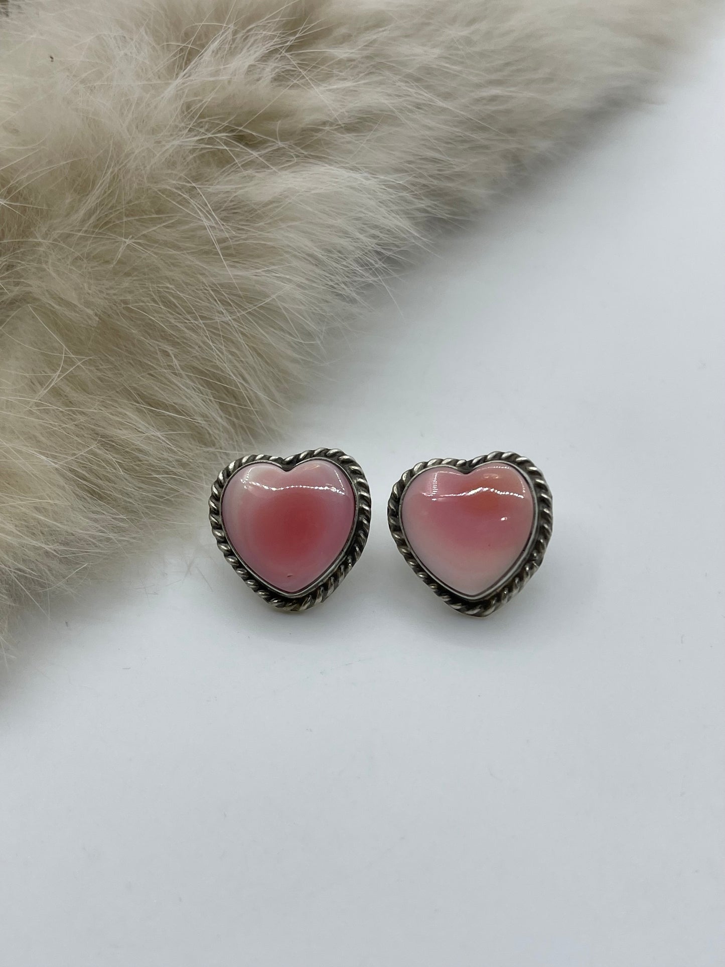 Pink Conch Shell Heart Post Earrings by Larson Chee, Navajo