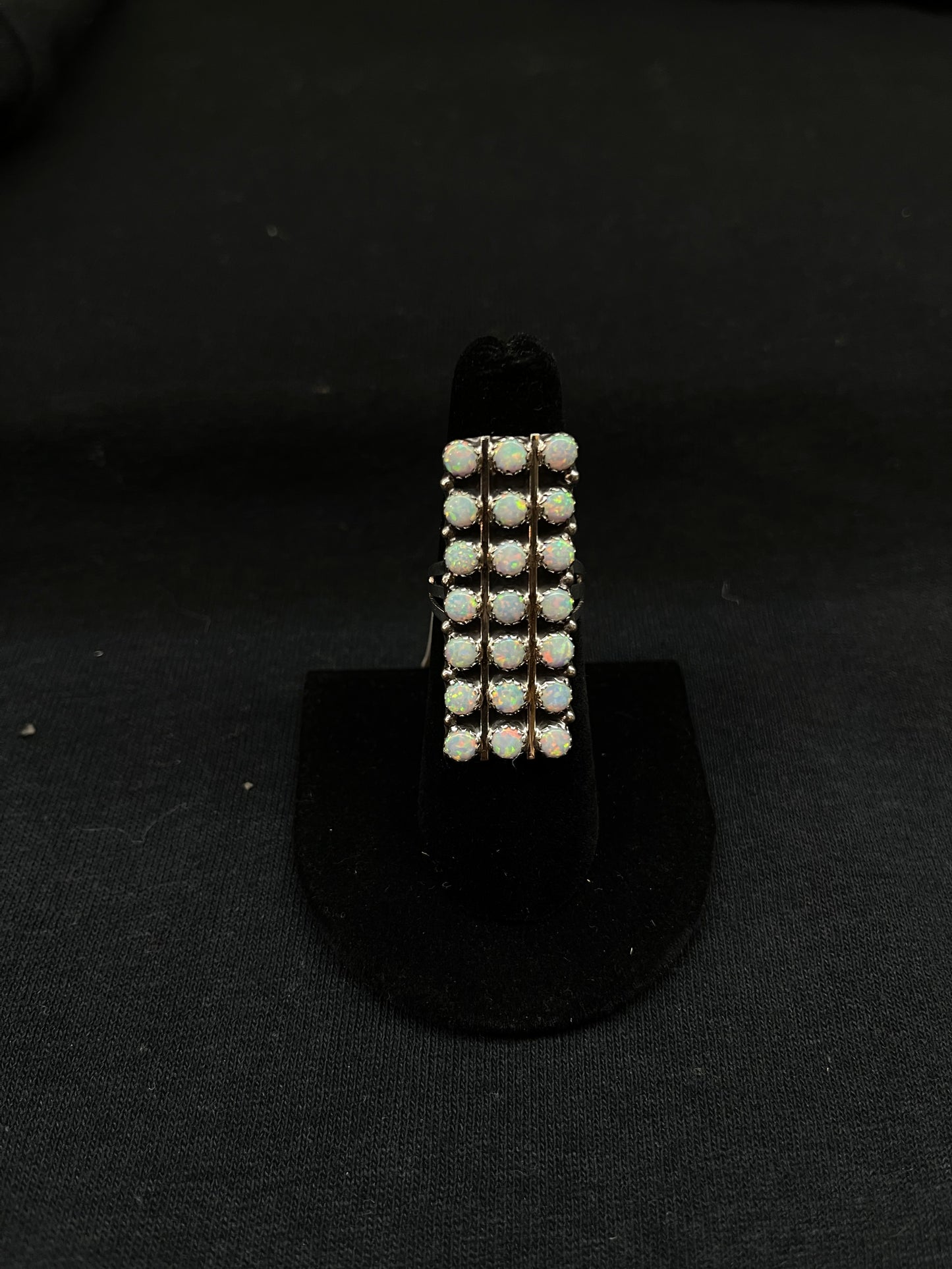 7.0 21 Stone White Opal Bar Ring by Kenny Lonjose, Zuni