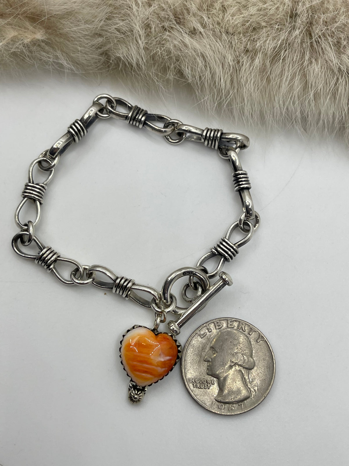 6.75” Orange Spiny Oyster Shell Heart Toggle Clasp Bracelet *Bezel Varies