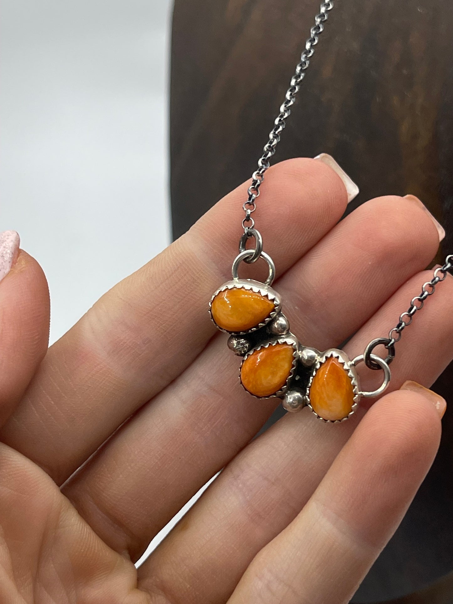 17" 3 Stone Orange Spiny Oyster Shell Necklace by Maxine Ramirez, Navajo