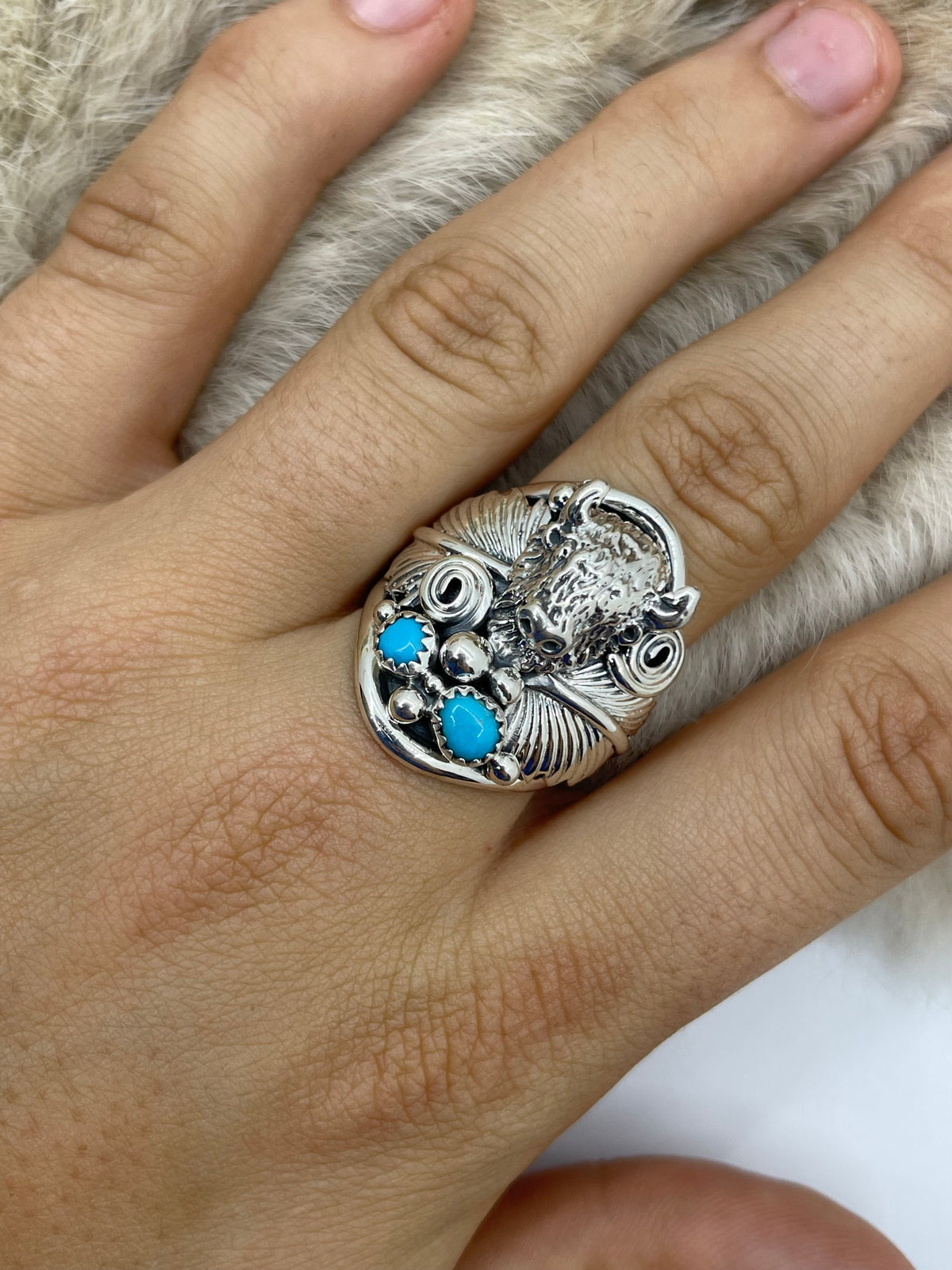 11.5 Buffalo Ring with Turquoise by Darrell Morgan, Navajo