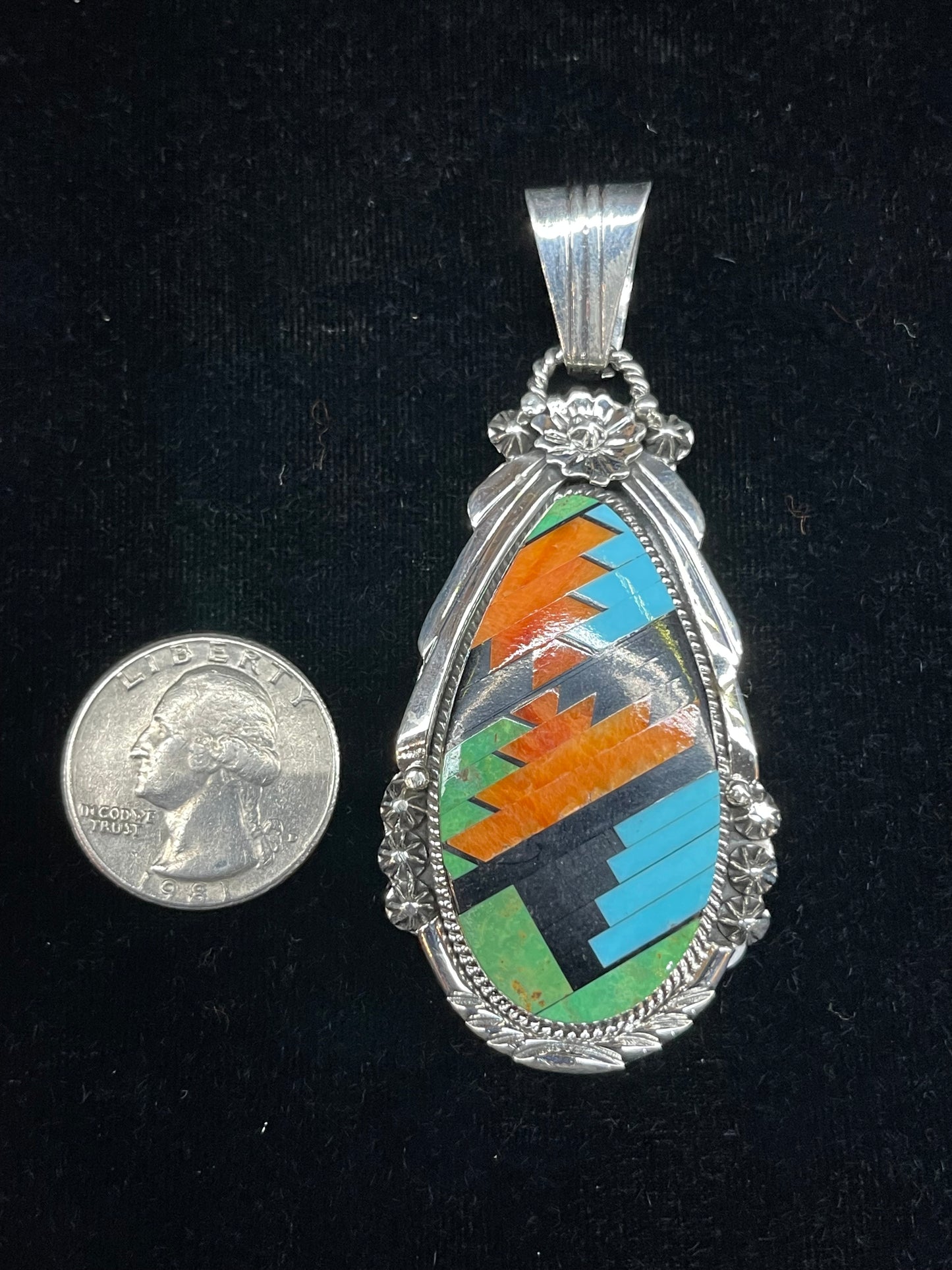 Multi Stone Inlay Teardrop Pendant with a 4.6mm Bale by Clayton Tom, Navajo