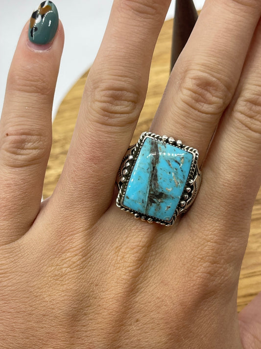 9.0 Rectangle Kingman Turquoise Ring by Gregg Yazzie, Navajo