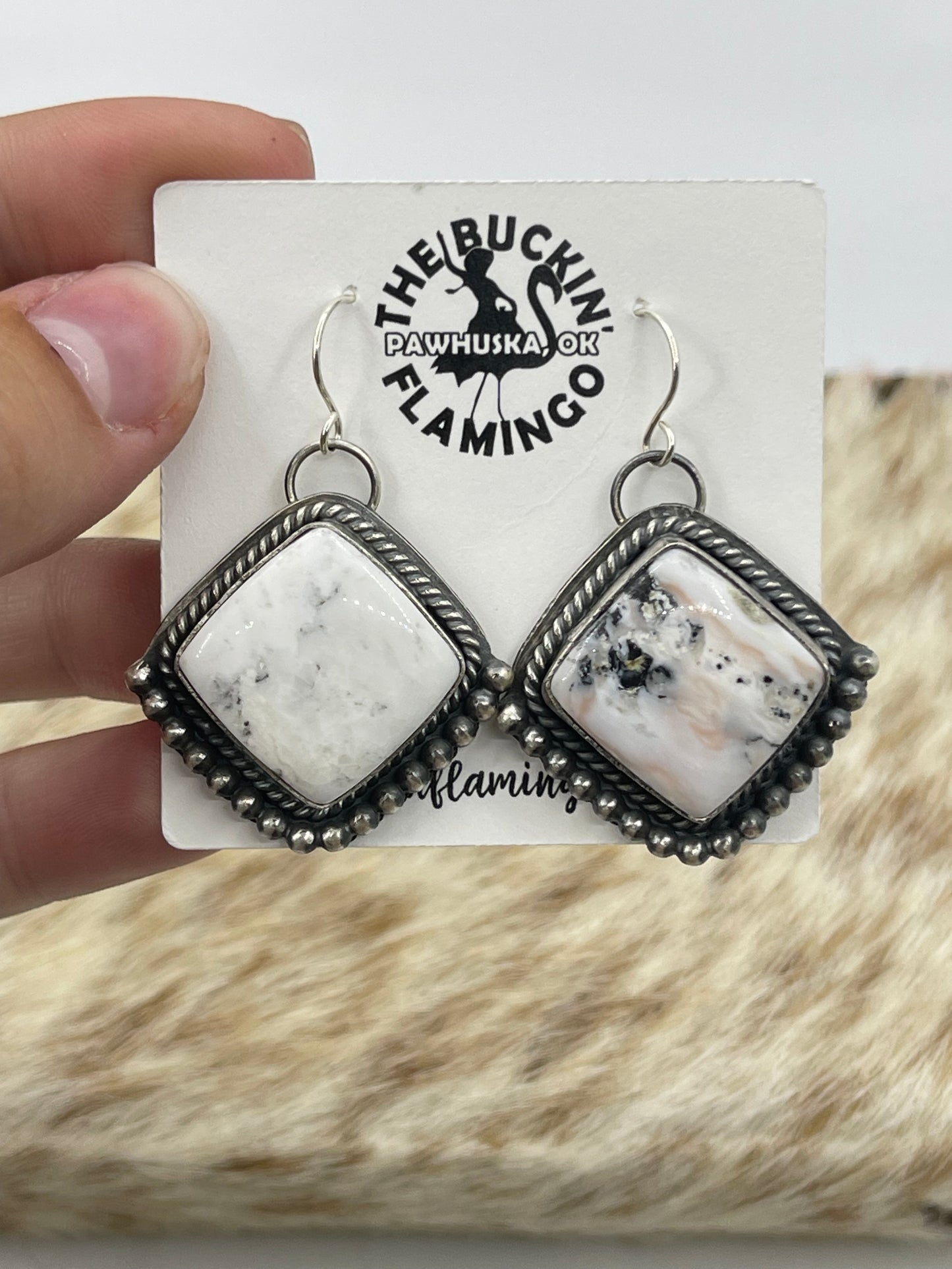 White Buffalo Diamond Shape Dangle Earrings, Navajo