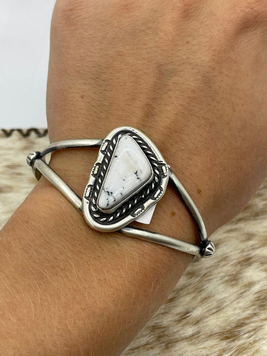 5 1/2"-7 1/2" White Buffalo Triangle Cuff by Johnny Dixon, Navajo