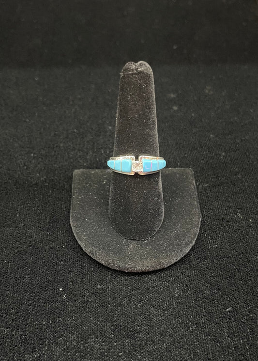Sleeping Beauty Turquoise Inlay and Cubic Zirconia Engagement Ring by Marlene Shekya, Zuni