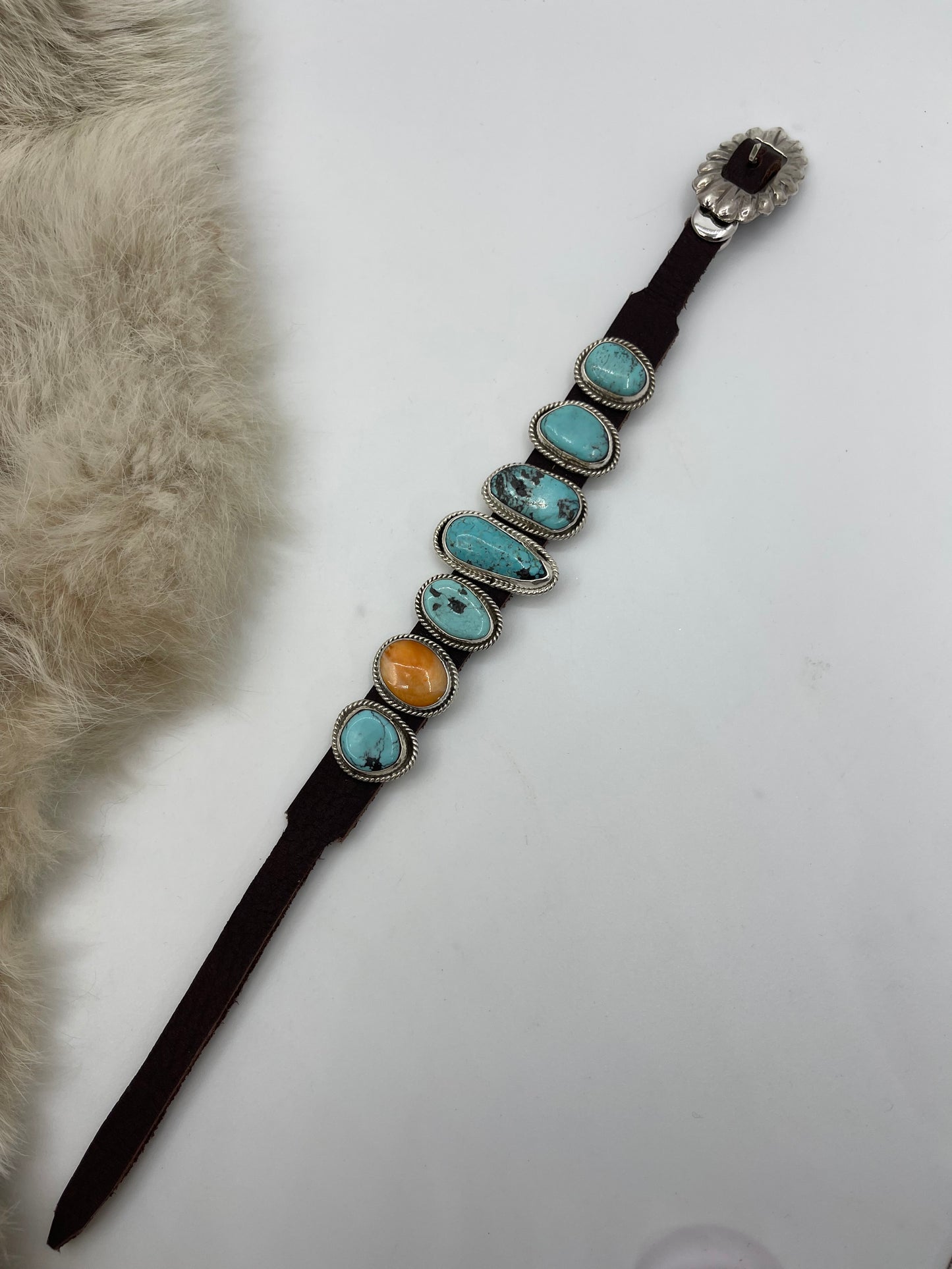 6.25”-9” 7 Stone Turquoise & Spin Oyster Bracelet on Leather by “BW”, Navajo