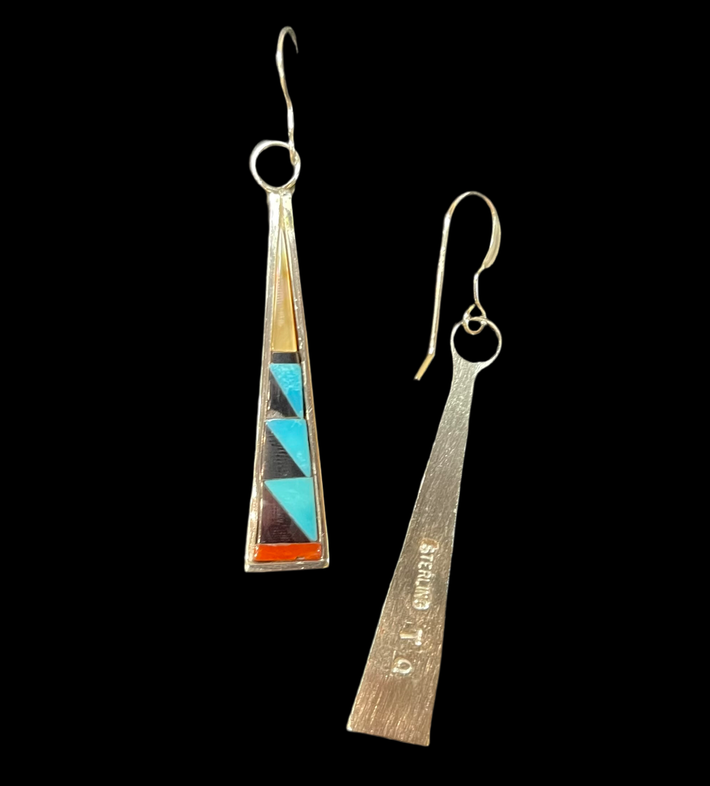 Multi-Stone Triangle Inlay Dangle Earrings by Tammie Qualo, Zuni