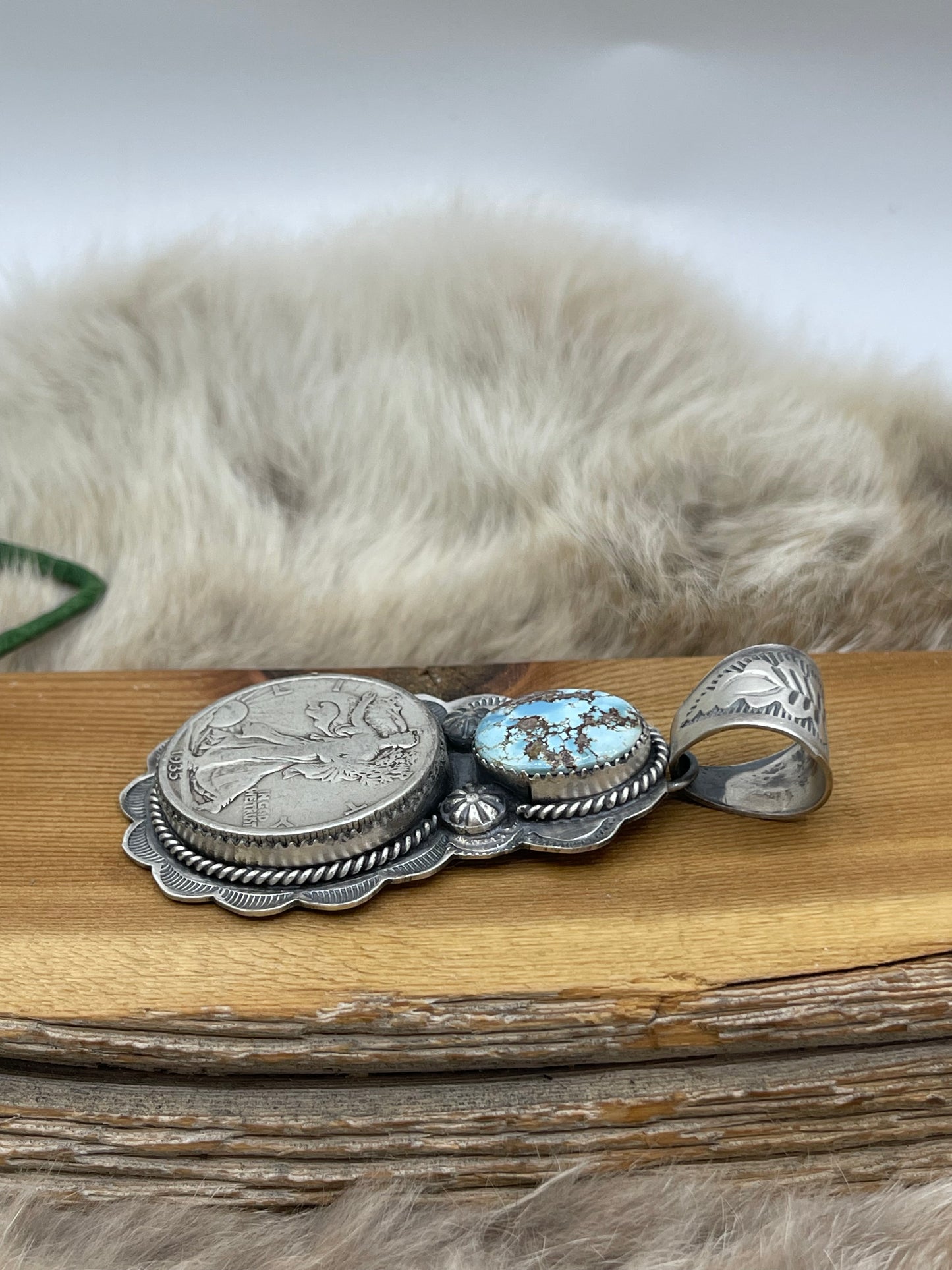 1935 Silver Walking Liberty Half Dollar with Golden Hills Turquoise Pendant
