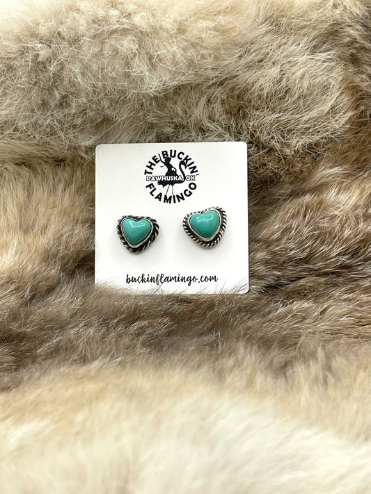 Turquoise Heart Top Post Earrings by Larson Chee, Navajo