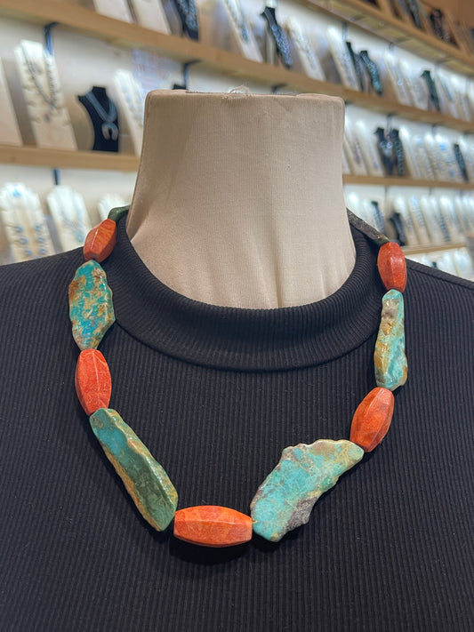 23" Royston Turquoise Natural Slab With Coral Beads by Jolene Bird, Santo Domingo