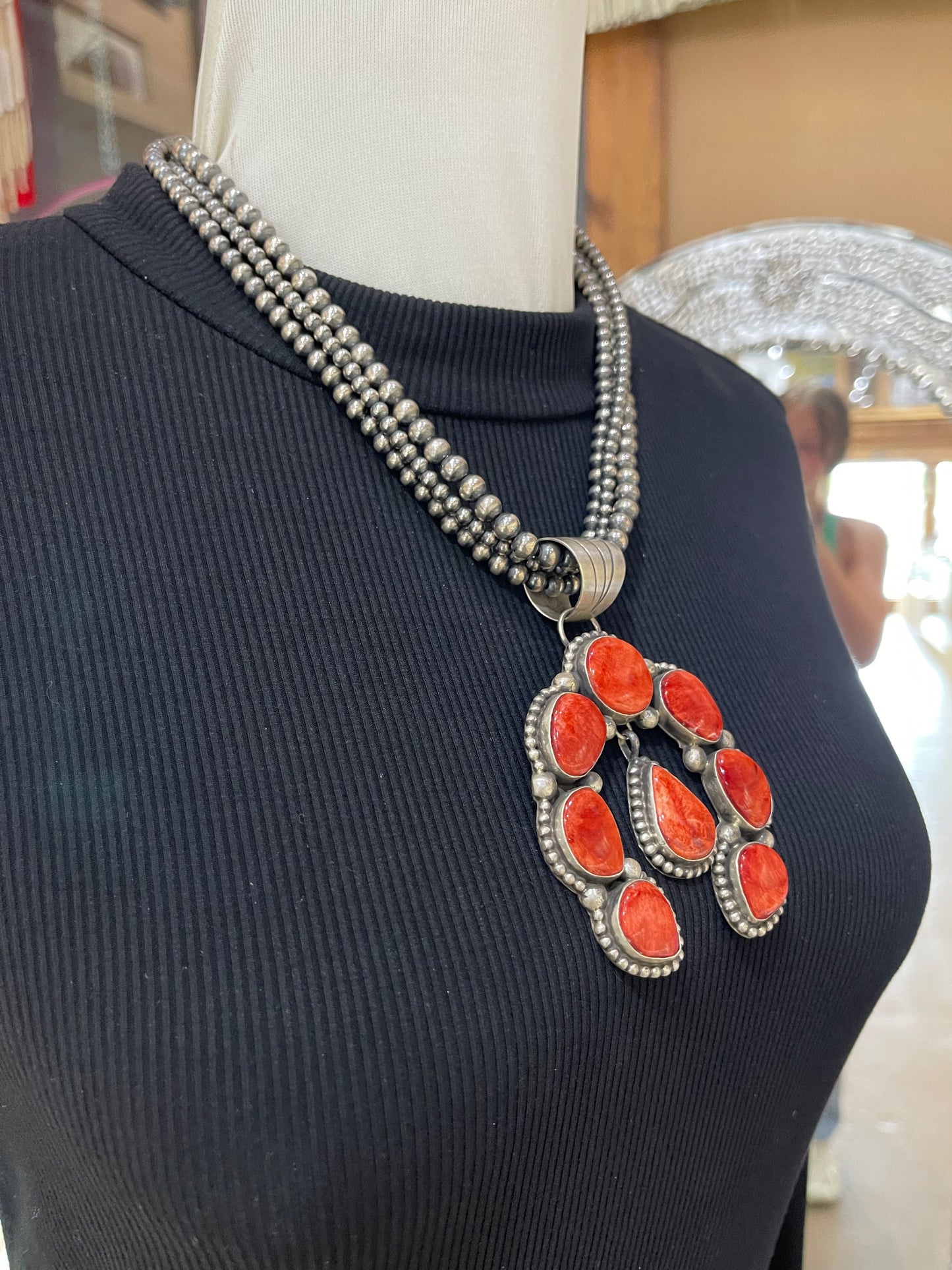 19" 3 Strand Navajo Pearls with a 8 Stone Red Spiny Oyster Pendant with a 17mm Bail by Augustine Largo, Navajo