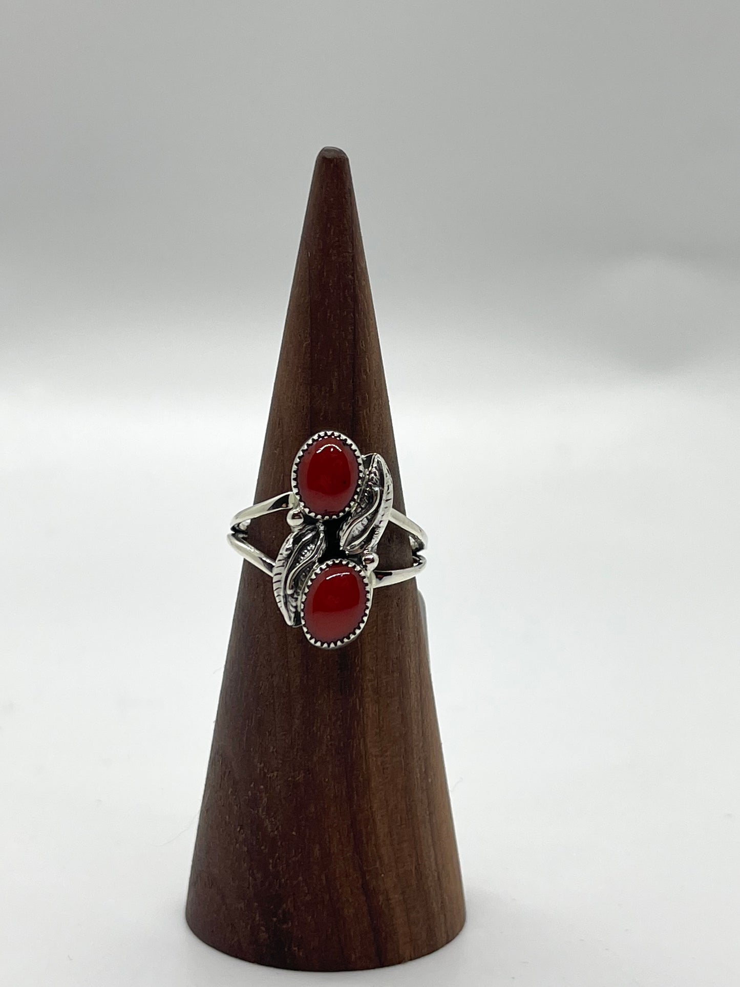 5.0 2 Stone Red Coral Ring by Sadie Jim, Navajo