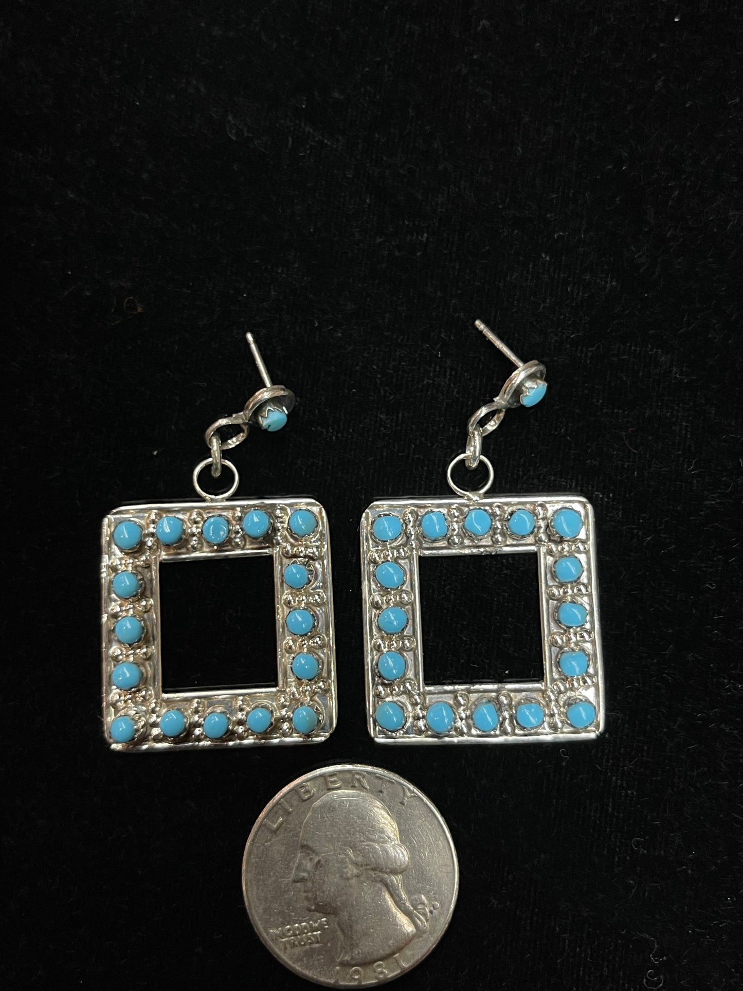 Turquoise Post Dangle Square Earrings by Marion Quam, Zuni