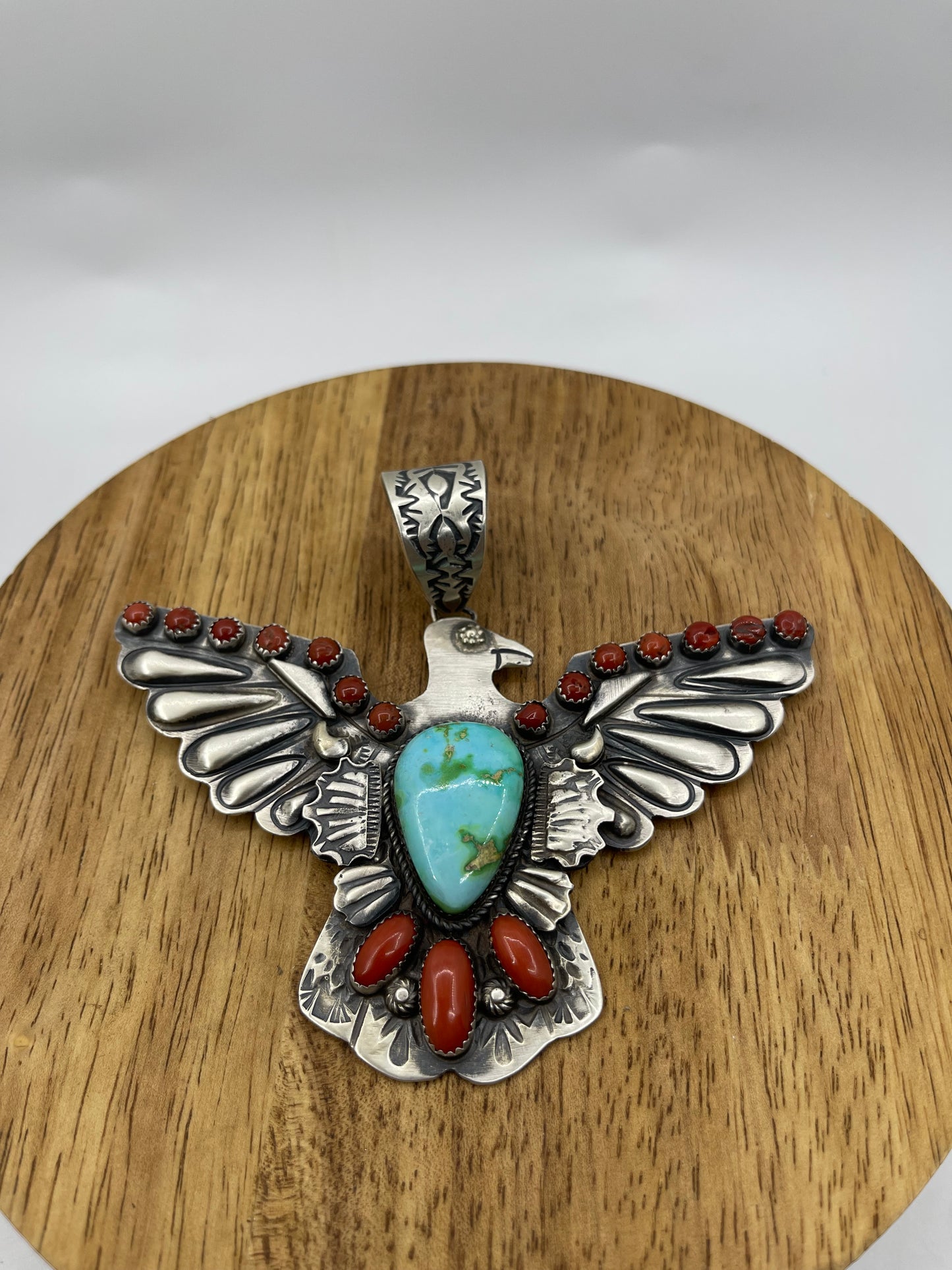 Red Coral and Sonoran Gold Turquoise Thunderbird Pendant with a 16mm Bale by Richard Yazzie, Navajo