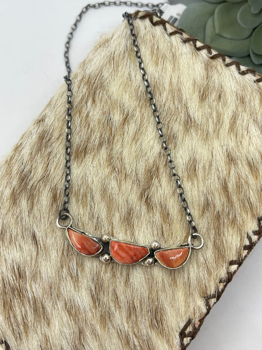 18" 3 Stone Orange Spiny Oyster Shell Necklace by Jude Candeleria, Zuni