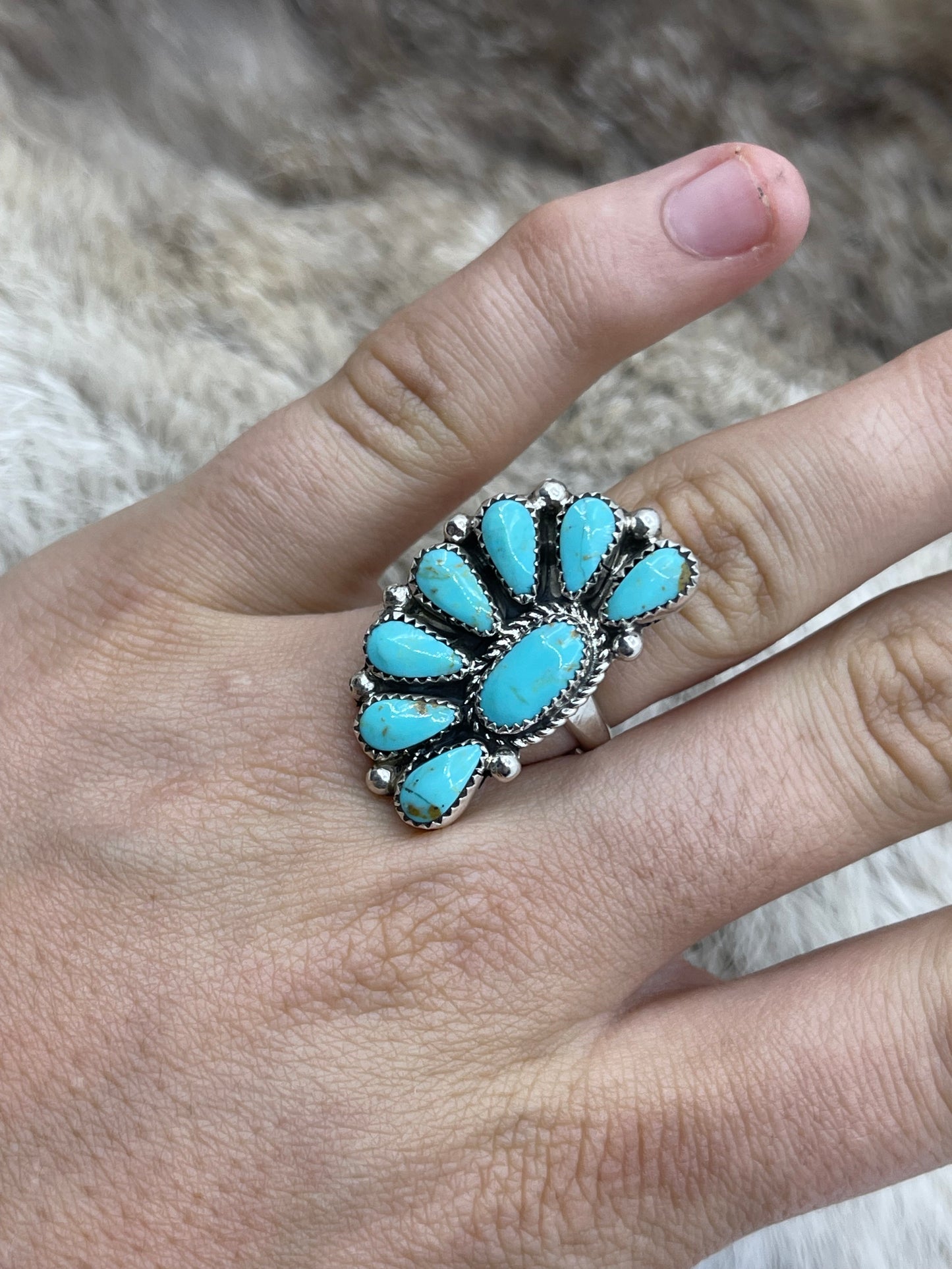 Adjustable 7.0-11.0 Light Greenish Blue Half Cluster Ring by Alicia Wilson, Navajo