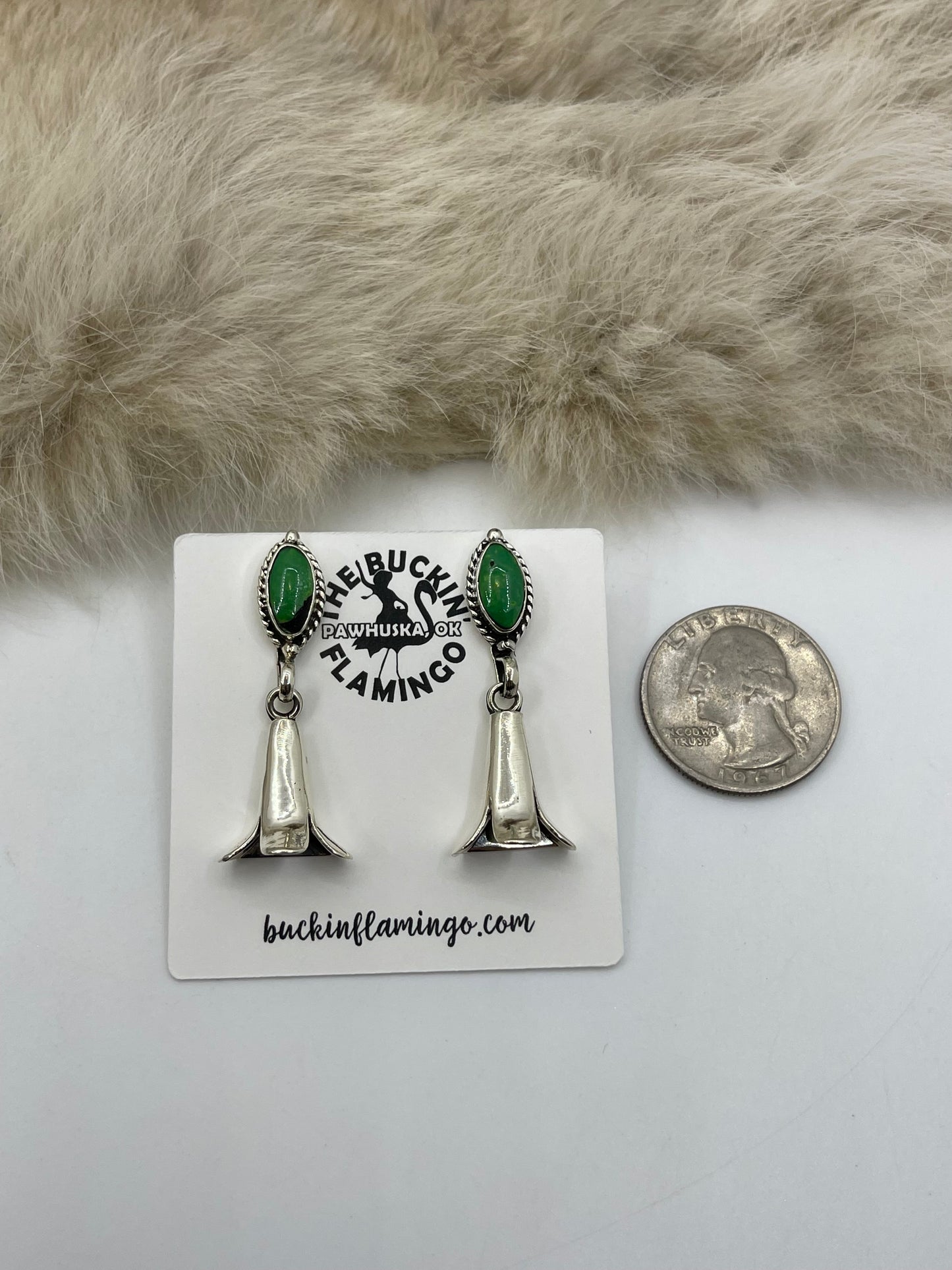 Green Turquoise Half Blossom Earrings by Ryntanna Yazzie, Navajo