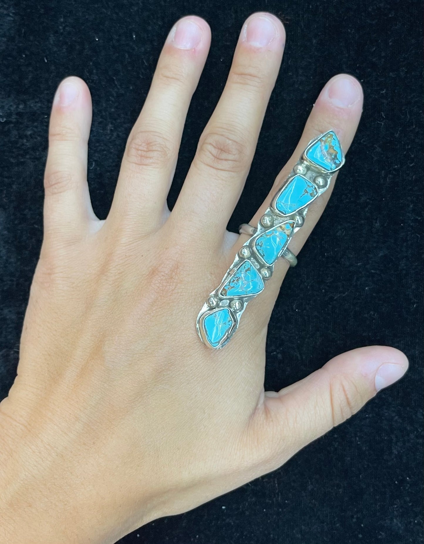 LOT 32 A 11/17 Long Kingman Turquoise Adjustable Ring by Jude Candelaria, Zuni