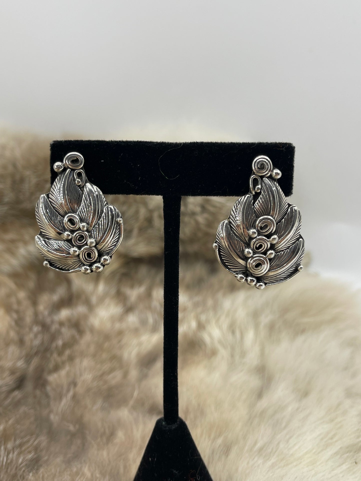 Silver Feathers & Spiral Post Earrings by Darrell Morgan, Navajo