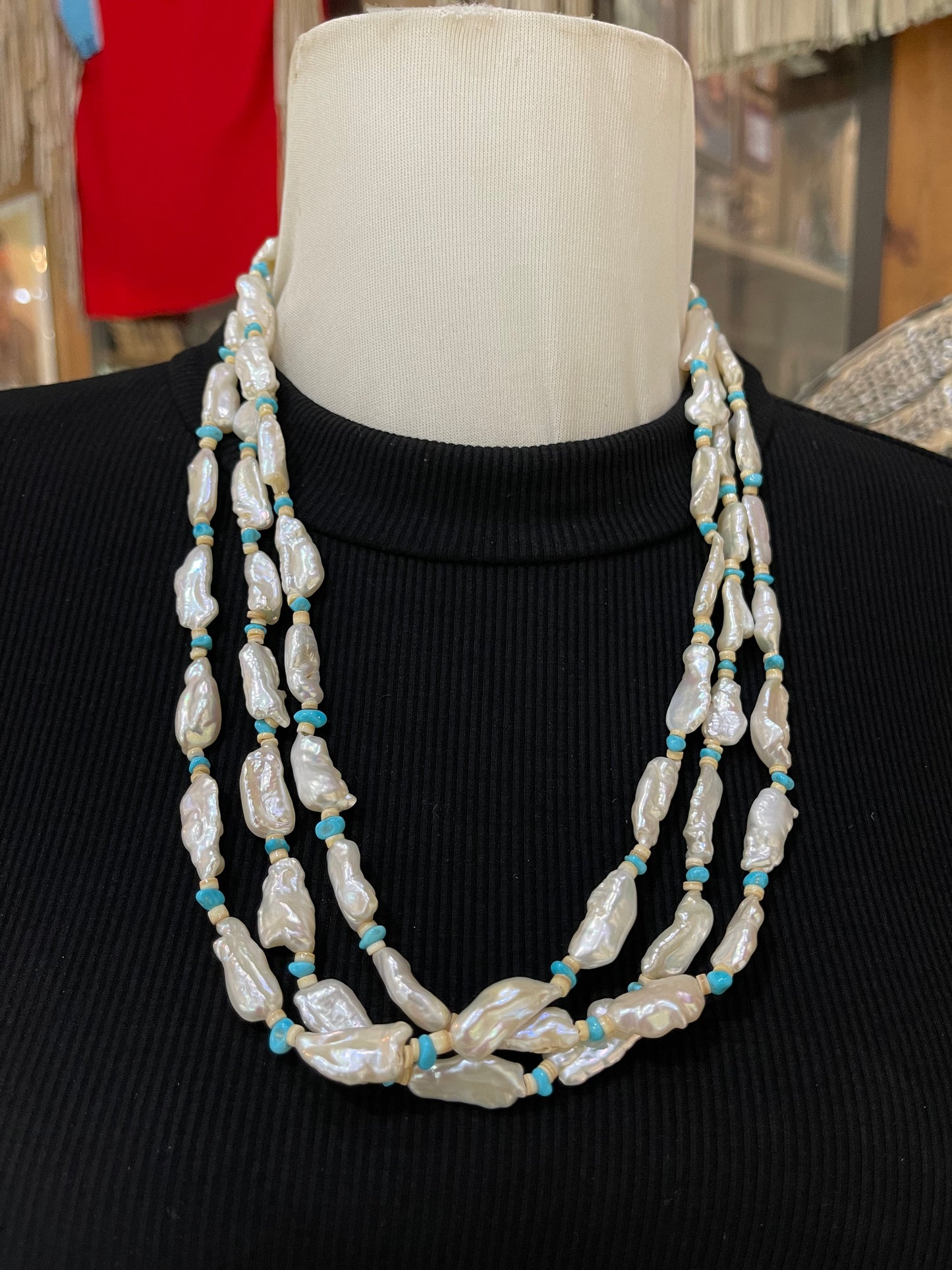 22" 3 Strand Turquoise, Freshwater pearls, and Melon Shell Necklace