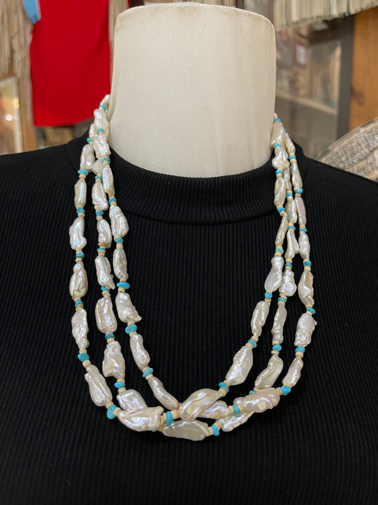 22" 3 Strand Turquoise, Freshwater pearls, and Melon Shell Necklace