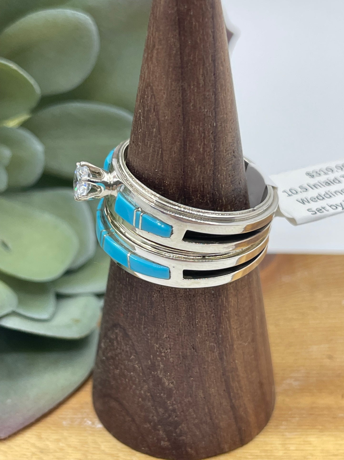 10.5 Inlaid Turquoise Wedding Ring Band Set by Wilbert Muskett Jr, Navajo