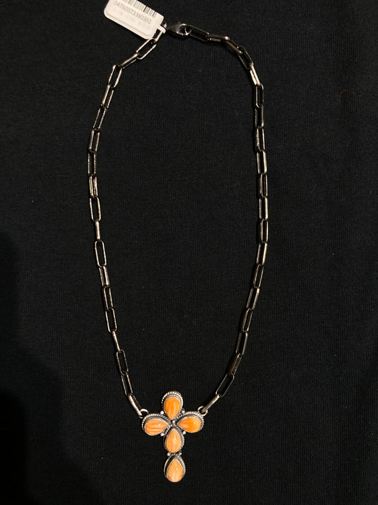 16" Orange Spiny Oyster Shell Cross Necklace