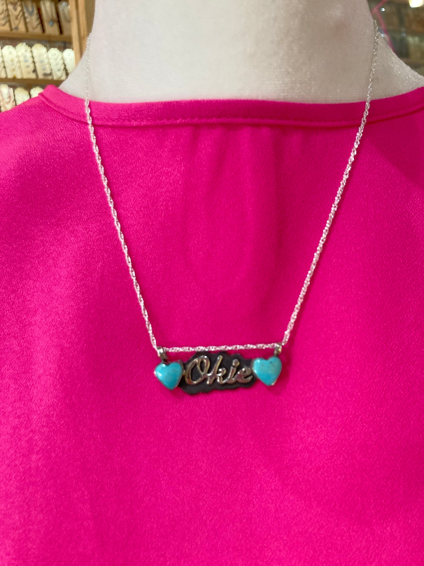 16" Turquoise Heart "OKIE" Necklace by Myra Benally, Navajo