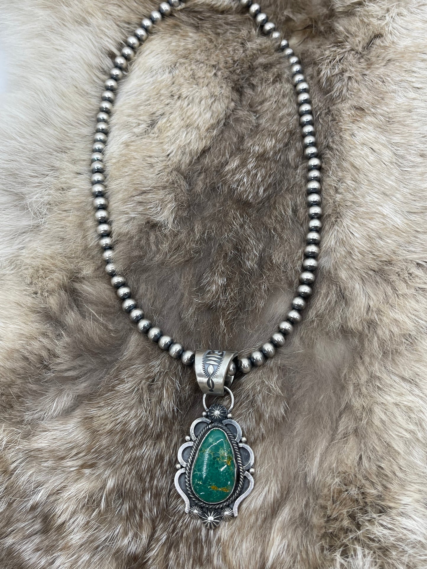 Sonoran Gold Turquoise Pendant with 18" 6mm Navajo Style Pearls by Tom Lewis, Navajo