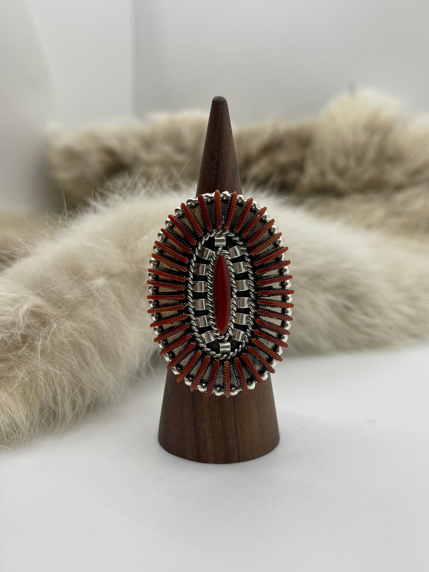 9.0 Red Coral Needlepoint Cluster Ring by Berton Cooyeyate, Zuni