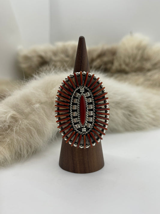 10.0 Red Coral Needlepoint Cluster Ring by Berton Cooyeyate, Zuni