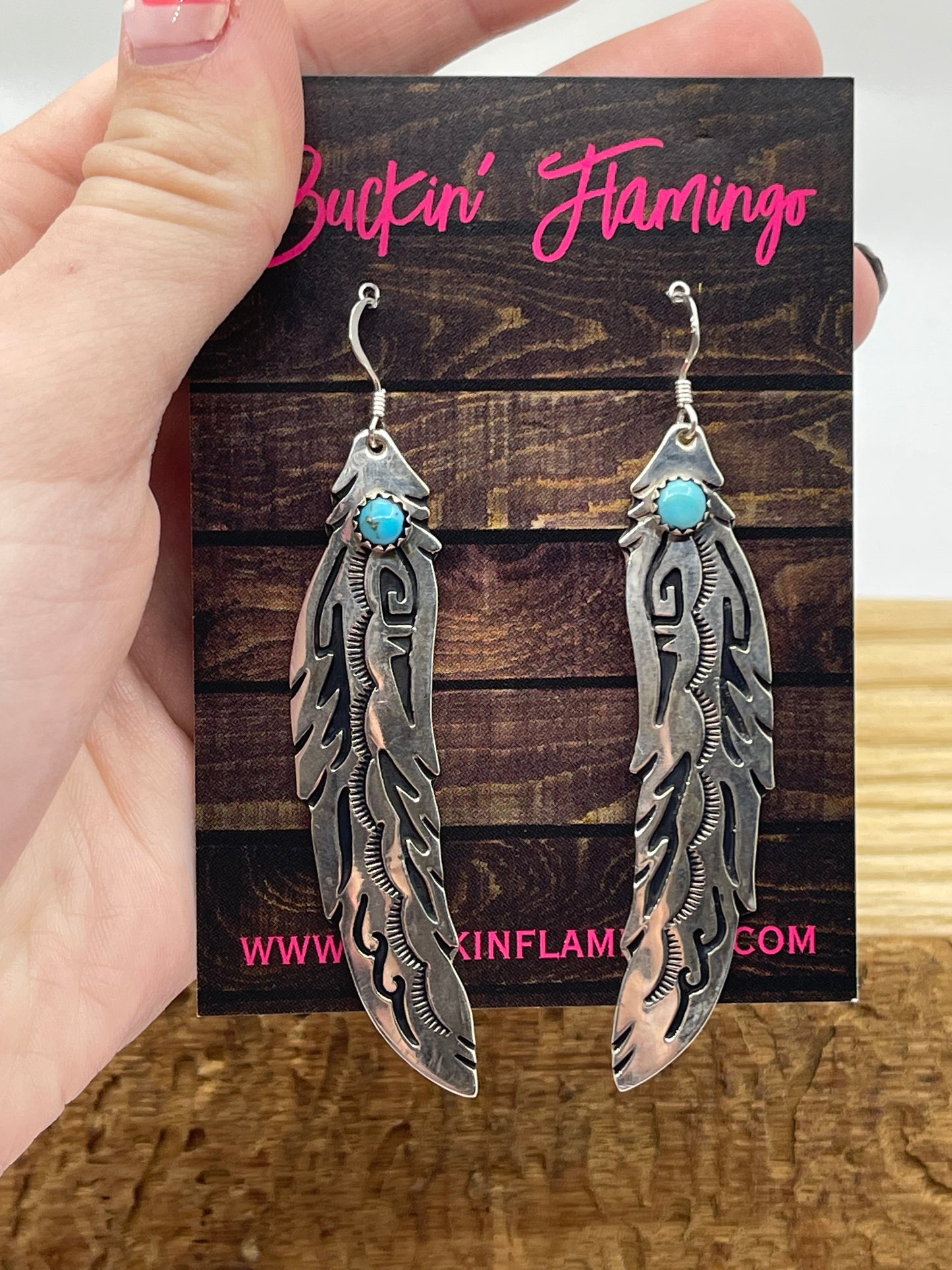 3" Turquoise Silver Overlay Feather Dangle Earrings by Tommy and Rose Singer, Navajo