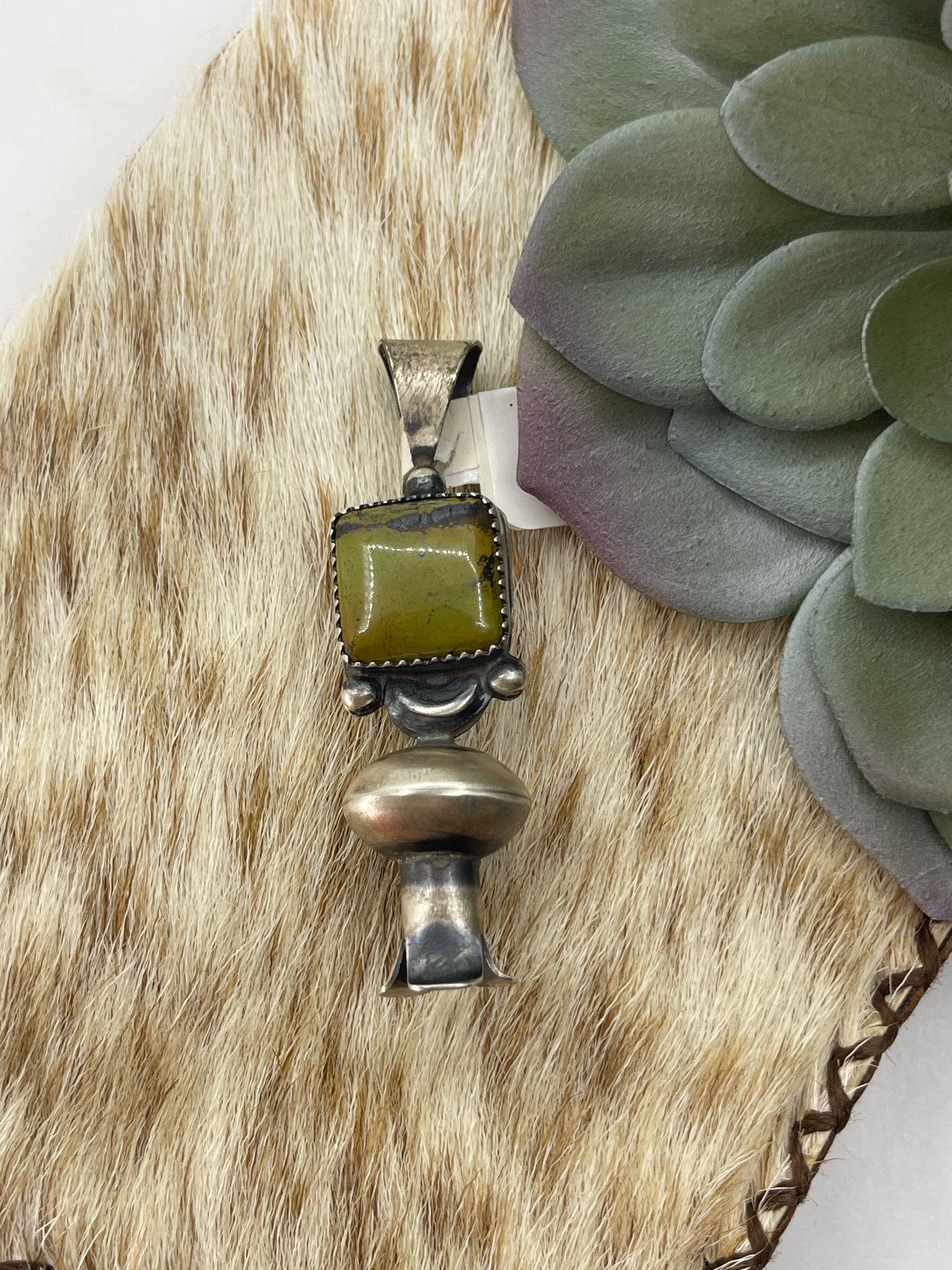 Royston Turquoise Squash Blossom Pendant with a 7mm Bale by Tia Long, Navajo