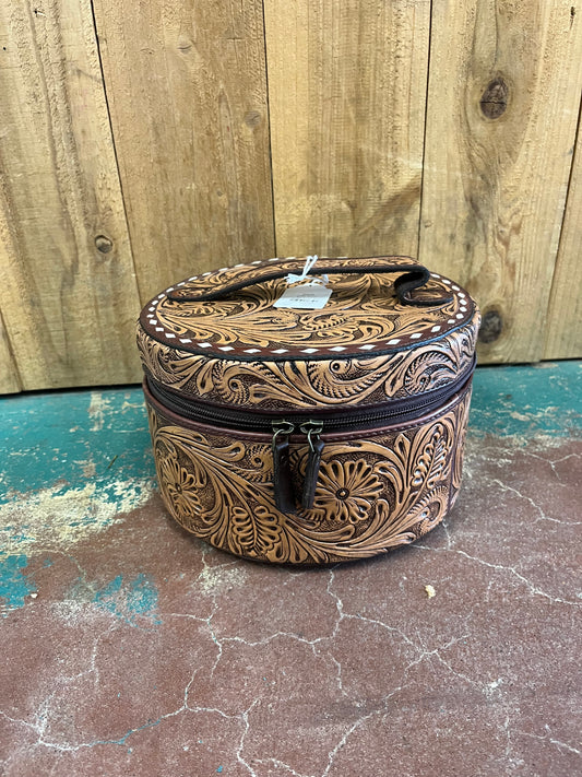 Single Stacked Round Leather Tooled Jewelry Box