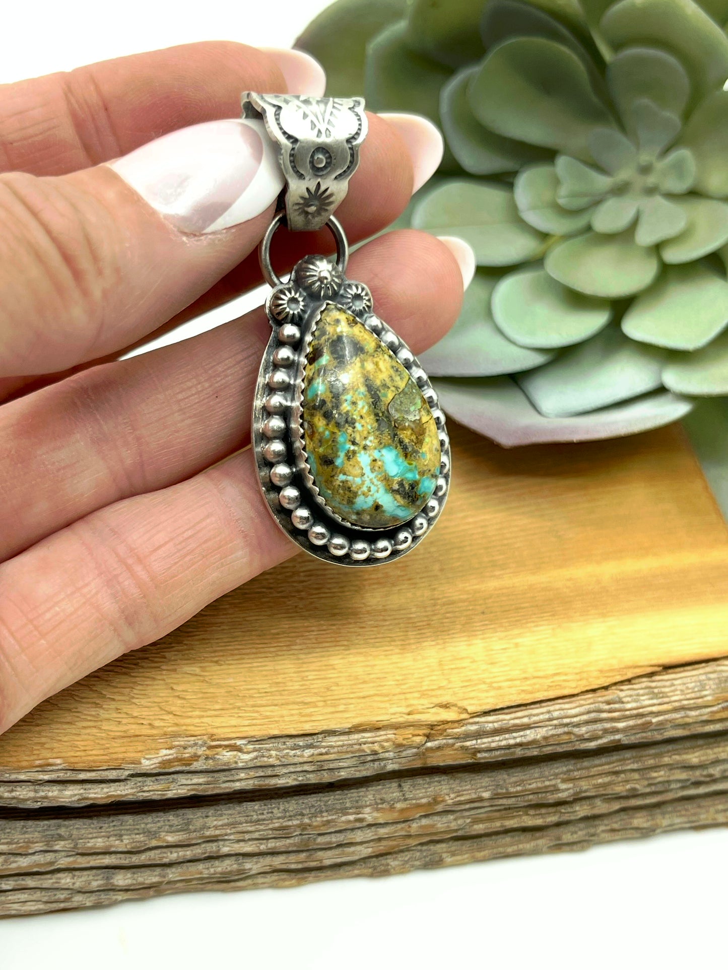 Sonoran Gold Turquoise Teardrop Pendant with a 8.4mm Bale by Boyd Ashley, Navajo