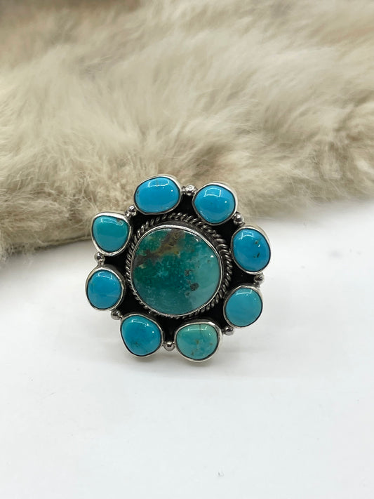 Adjustable 6.0-11.0 Turquoise Cluster Ring