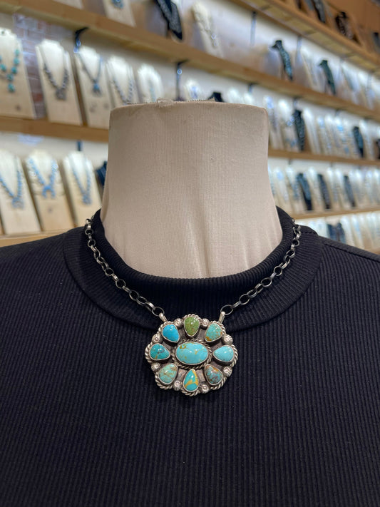 16" Kingman Turquoise Cluster Necklace by Augustine Largo, Navajo