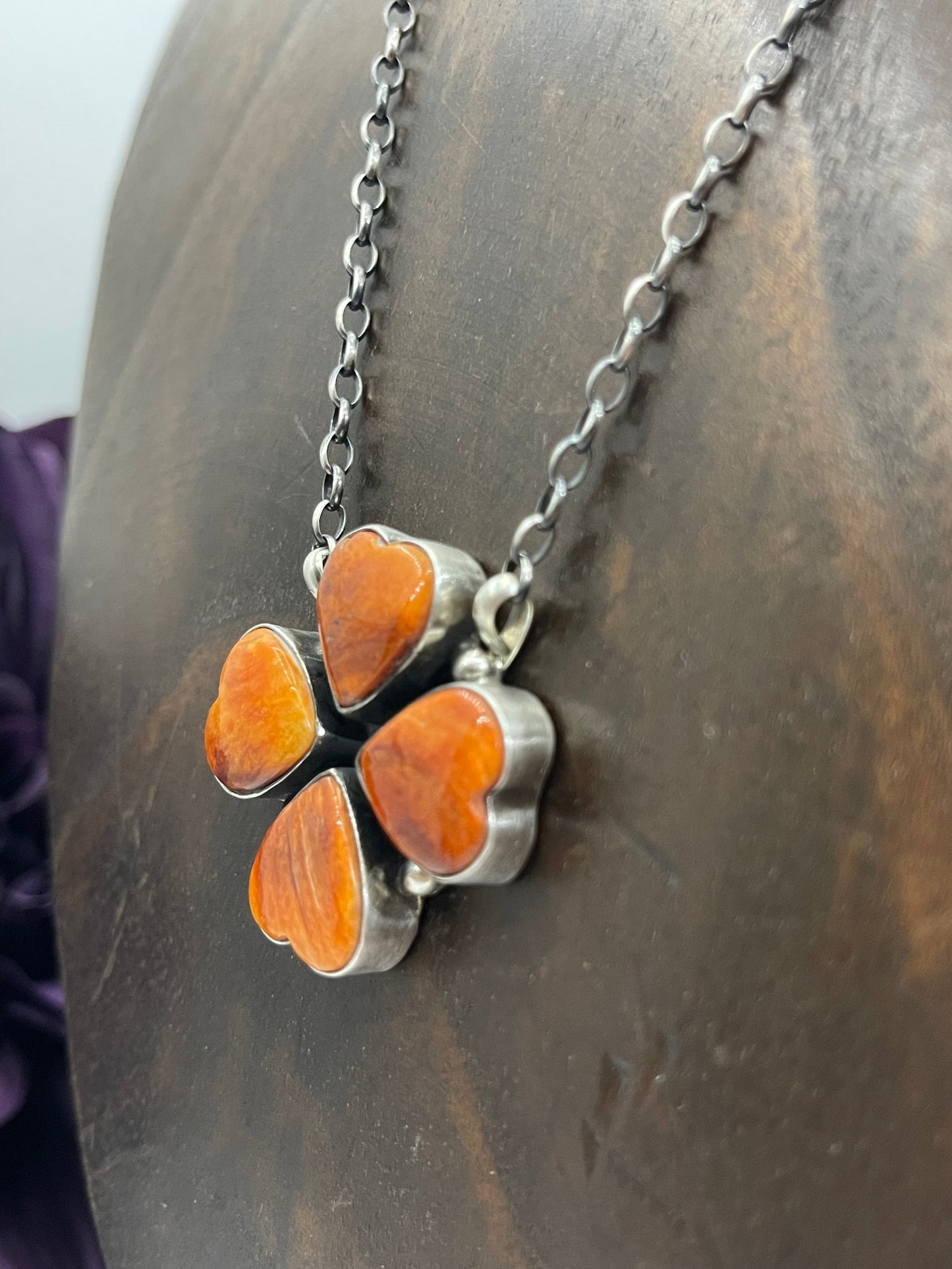 16" Light Orange Spiny Oyster 4 Heart Necklace